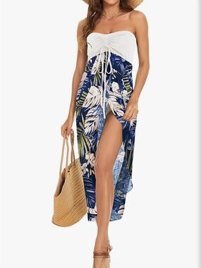 🏝️Sexy! TROPICAL Strapless Maxi Dress | Blue & White
